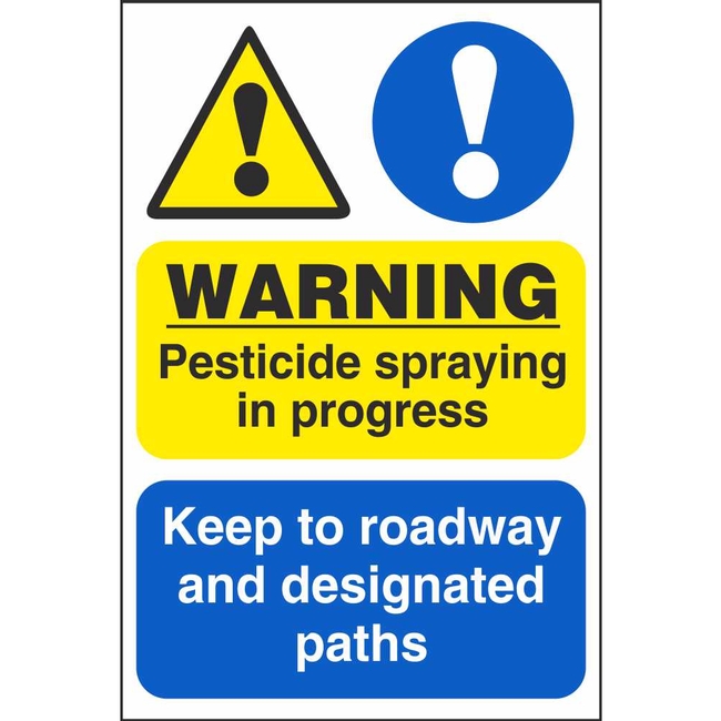 Warning Pesticide Spraying In Progress Keep To Roadway And Designated Paths Multi Notice Sign