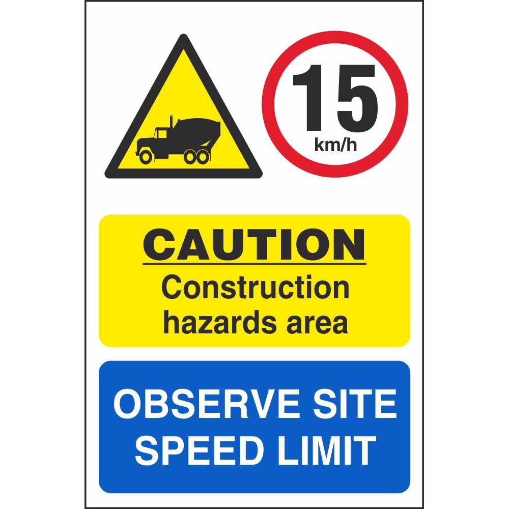 Caution construction hazards area observe site speed limit Safety sign
