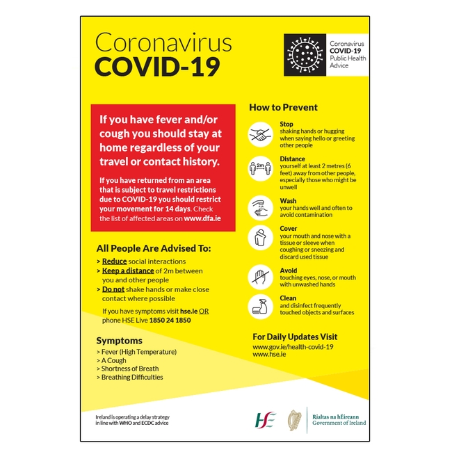 Coronavirus HSE Stay At Home Sign COVID19 Disease Control