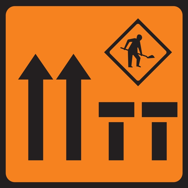 Lanes Three And Four Of Four Closed Mobile Lane Closure Roadworks Sign