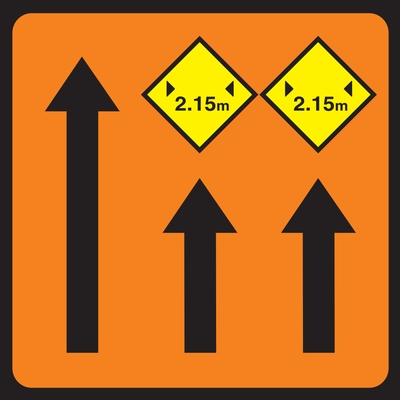 Lanes 2 & 3 of 3 Narrow Roadworks Sign